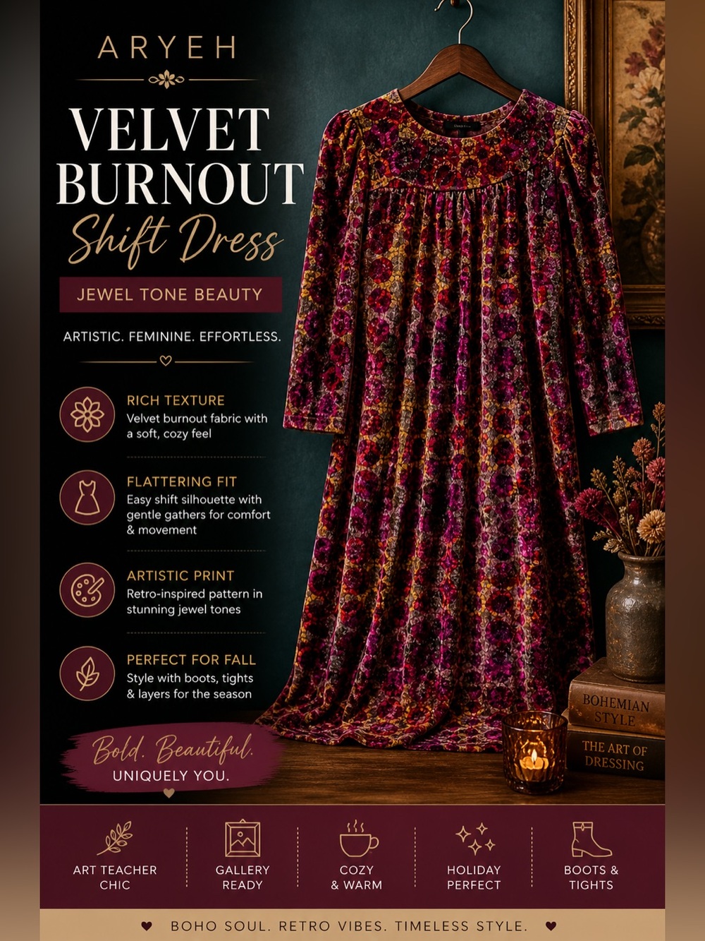 Aryeh Retro Jewel Tone Velvet Burnout Dress Boho Mod Style